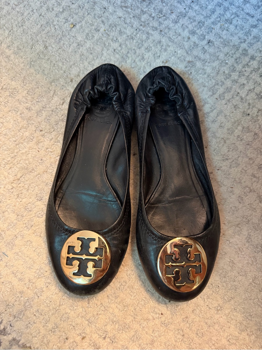 Tory Burch Reva Black Leather Gold Logo Ballet Flats